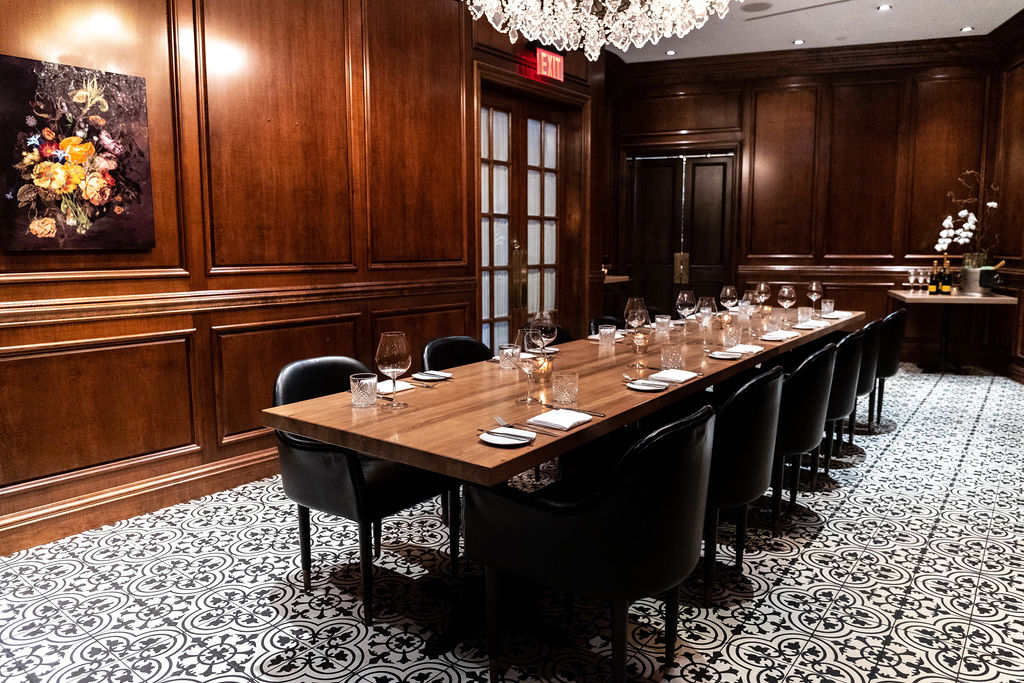 Elegant private dining room in downtown Vancouver, BC, at award winning west coast seafood restaurant, Boulevard Kitchen and Oyster Bar.